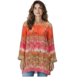 Laura Ashley Women's NWOT Pink Tan Tie Dye Silk Embellished LS Tunic Shirt Sz XL